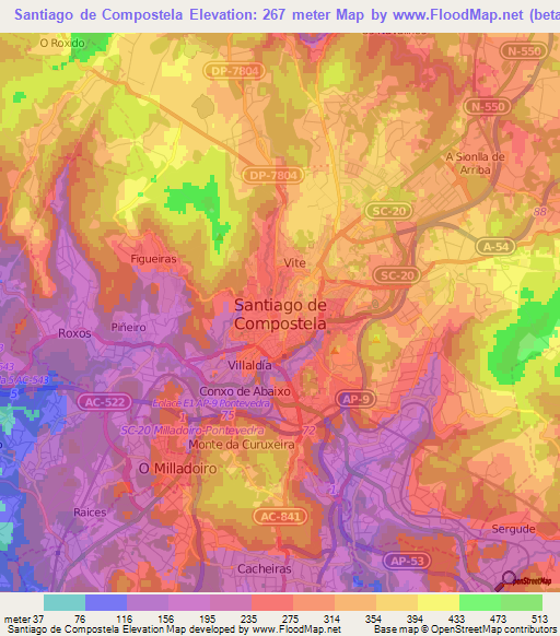 Santiago de Compostela,Spain Elevation Map