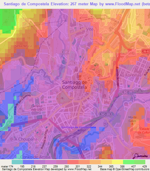 Santiago de Compostela,Spain Elevation Map