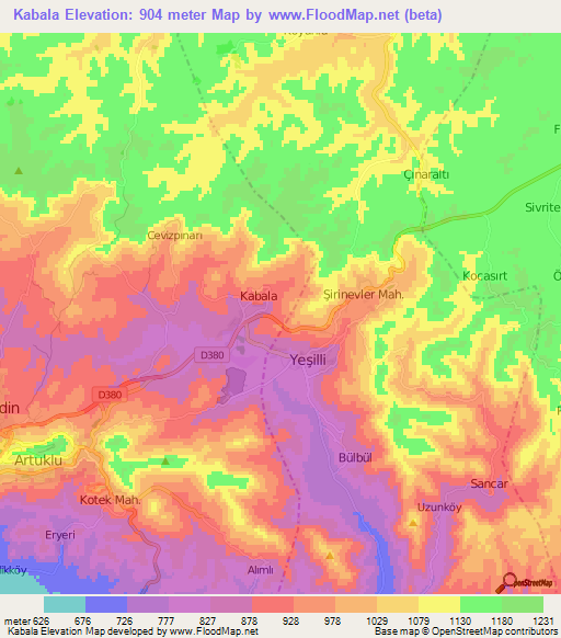 Kabala,Turkey Elevation Map