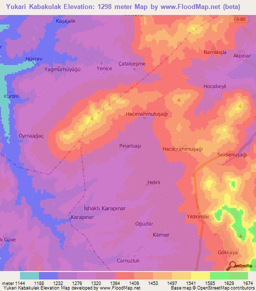 Yukari Kabakulak,Turkey Elevation Map