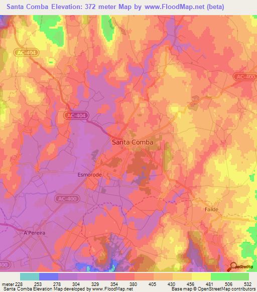 Santa Comba,Spain Elevation Map