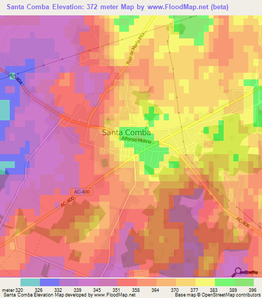 Santa Comba,Spain Elevation Map