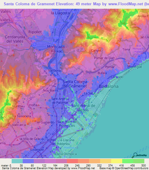 Santa Coloma de Gramenet,Spain Elevation Map