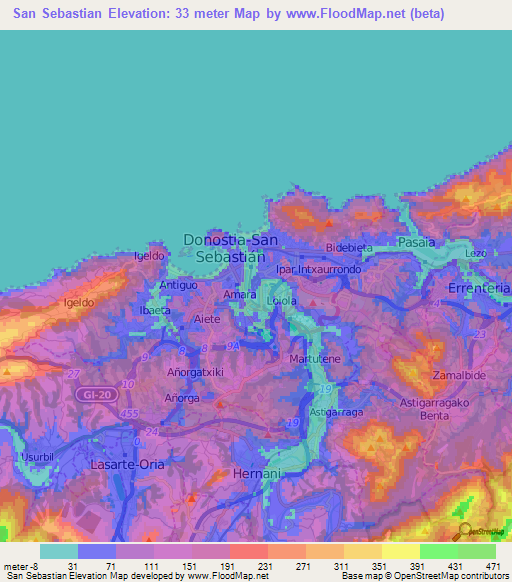 San Sebastian,Spain Elevation Map