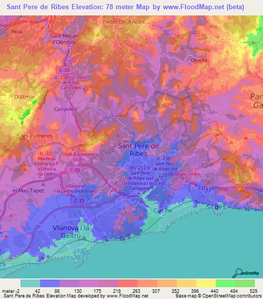 Sant Pere de Ribes,Spain Elevation Map