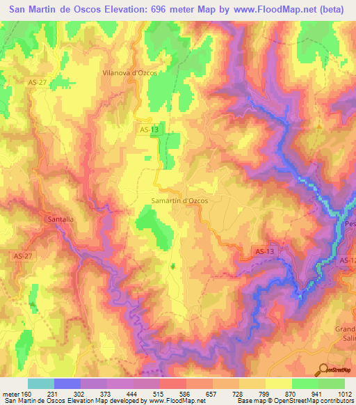 San Martin de Oscos,Spain Elevation Map