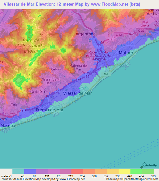 Vilassar de Mar,Spain Elevation Map