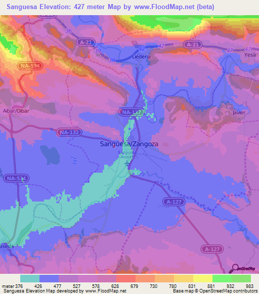 Sanguesa,Spain Elevation Map