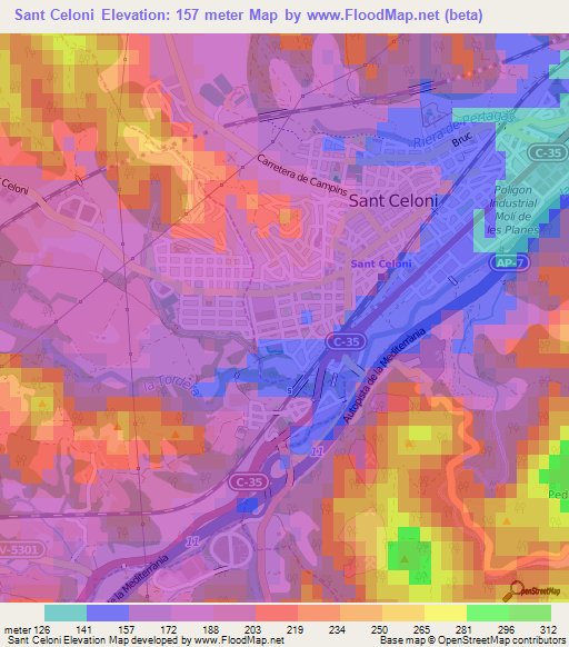 Sant Celoni,Spain Elevation Map