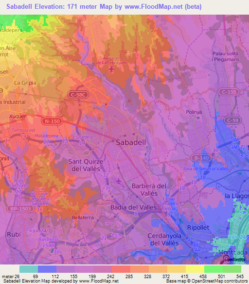 Sabadell,Spain Elevation Map