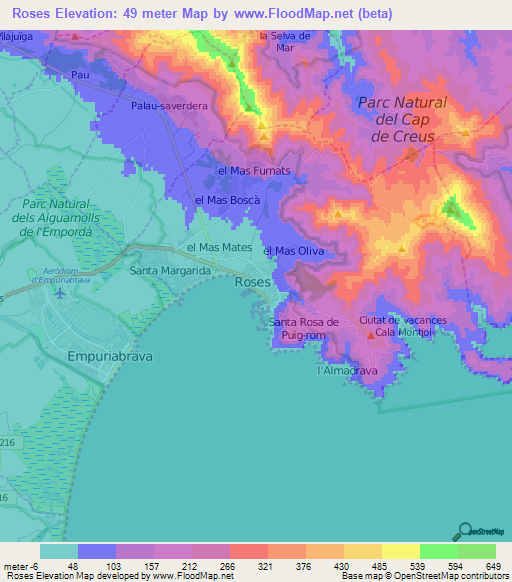 Roses,Spain Elevation Map