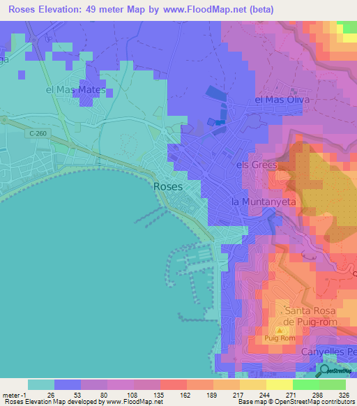 Roses,Spain Elevation Map