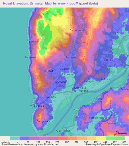 Rosal,Spain Elevation Map