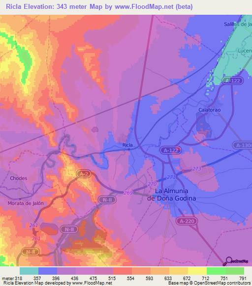 Ricla,Spain Elevation Map