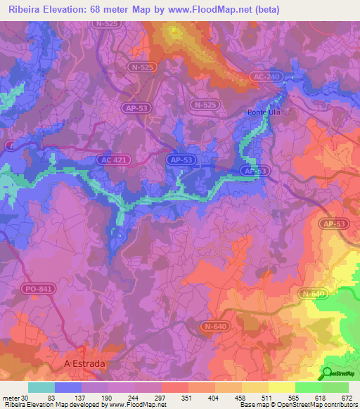 Ribeira,Spain Elevation Map