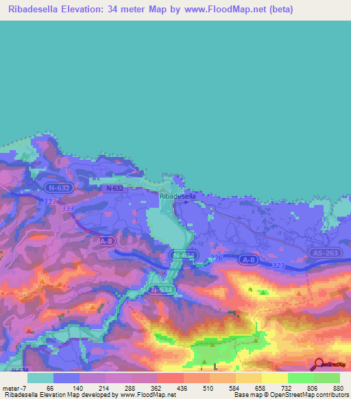 Ribadesella,Spain Elevation Map