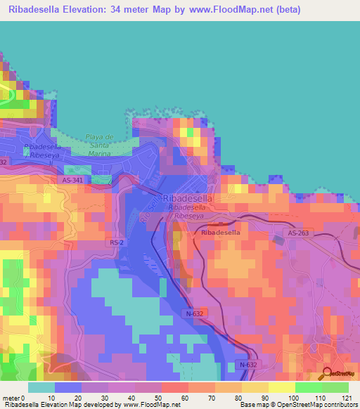 Ribadesella,Spain Elevation Map