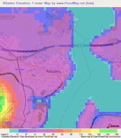 Ribadeo,Spain Elevation Map