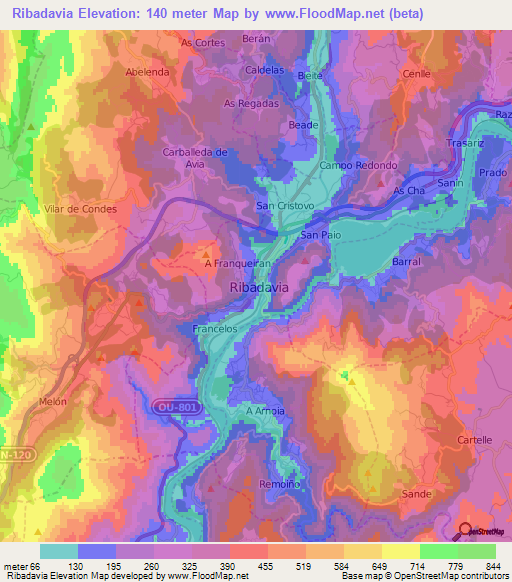 Ribadavia,Spain Elevation Map