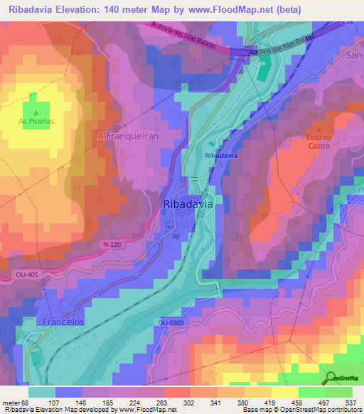 Ribadavia,Spain Elevation Map