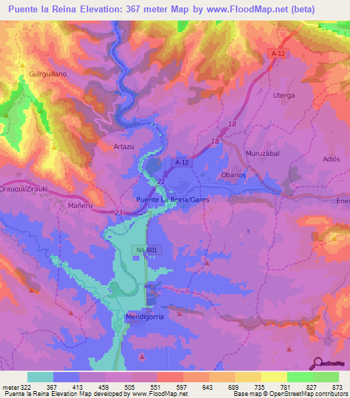 Puente la Reina,Spain Elevation Map