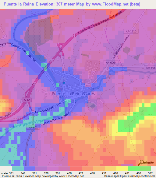 Puente la Reina,Spain Elevation Map