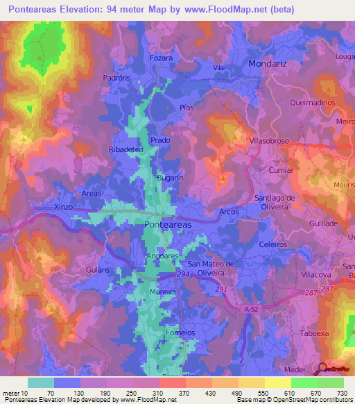 Ponteareas,Spain Elevation Map