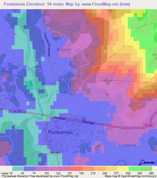 Ponteareas,Spain Elevation Map