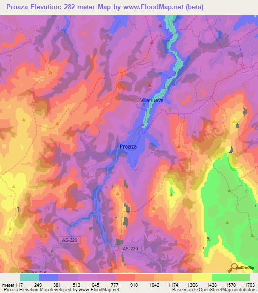 Proaza,Spain Elevation Map