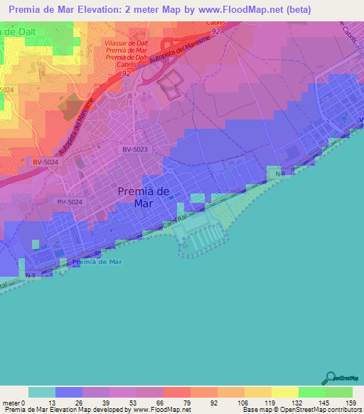 Premia de Mar,Spain Elevation Map