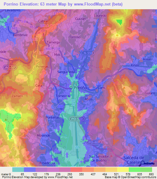 Porrino,Spain Elevation Map