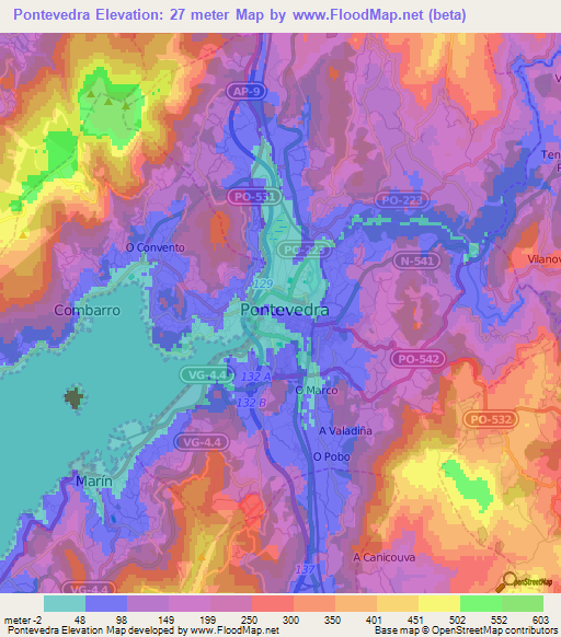 Pontevedra,Spain Elevation Map