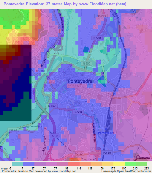 Pontevedra,Spain Elevation Map