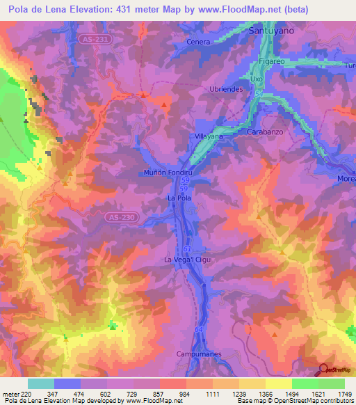 Pola de Lena,Spain Elevation Map