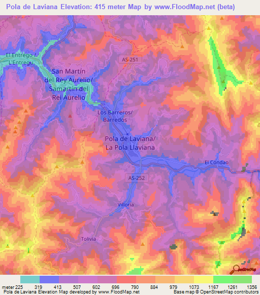 Pola de Laviana,Spain Elevation Map