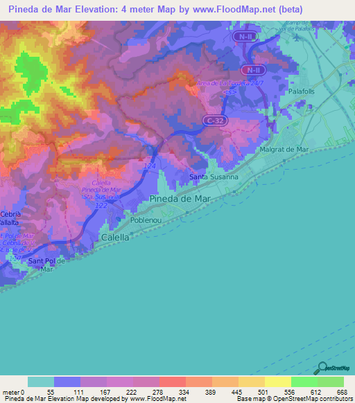 Pineda de Mar,Spain Elevation Map