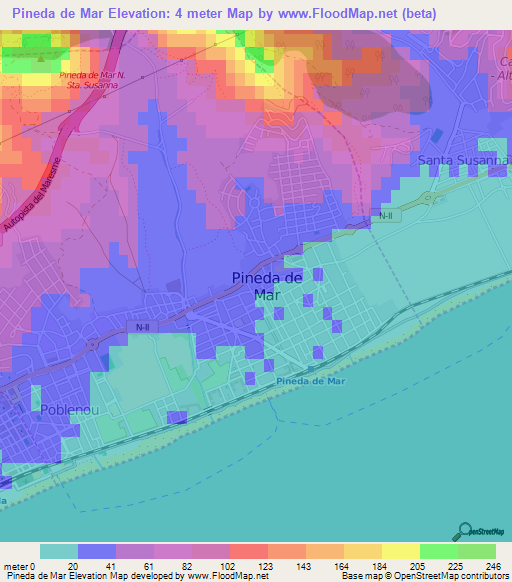 Pineda de Mar,Spain Elevation Map