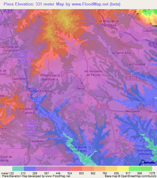 Piera,Spain Elevation Map