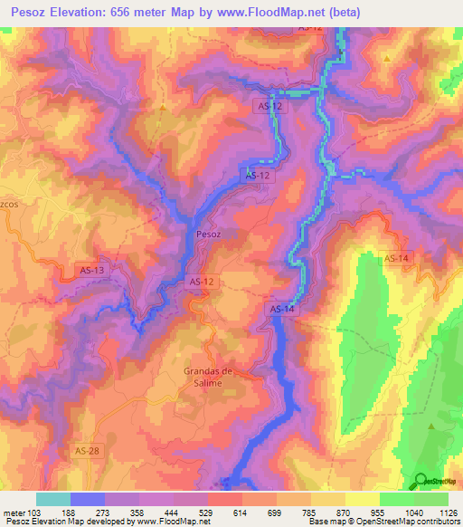 Pesoz,Spain Elevation Map