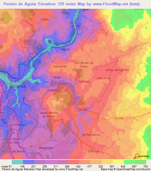 Pereiro de Aguiar,Spain Elevation Map