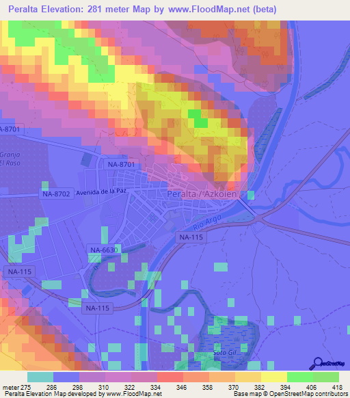 Peralta,Spain Elevation Map