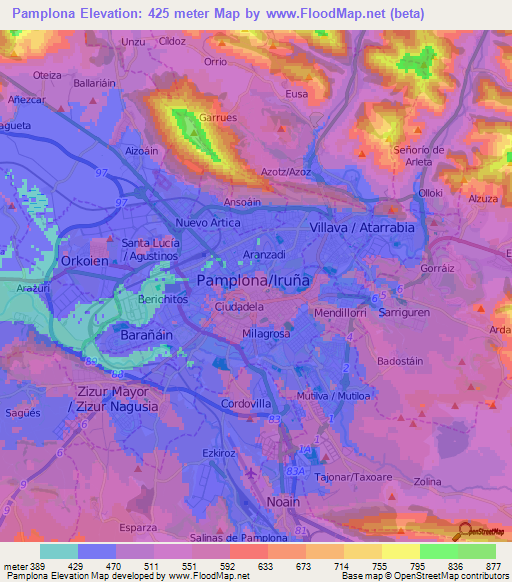 Pamplona,Spain Elevation Map