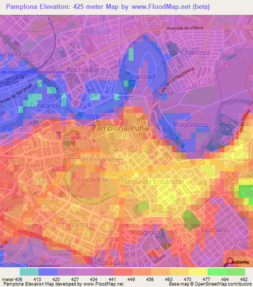 Pamplona,Spain Elevation Map