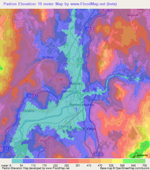 Padron,Spain Elevation Map