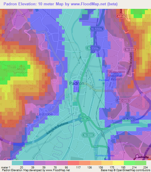 Padron,Spain Elevation Map