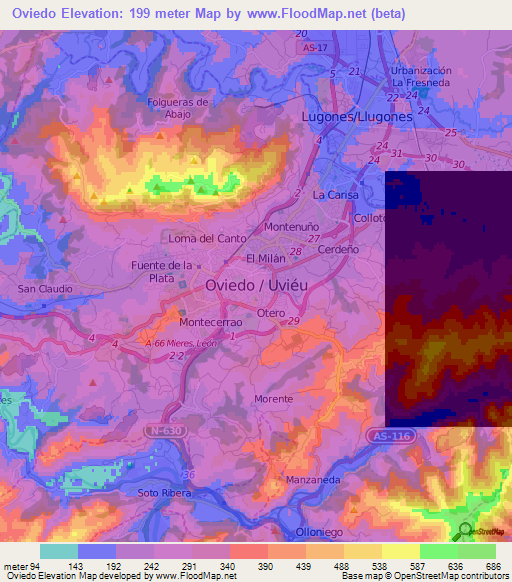 Oviedo,Spain Elevation Map