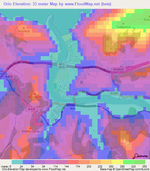 Orio,Spain Elevation Map