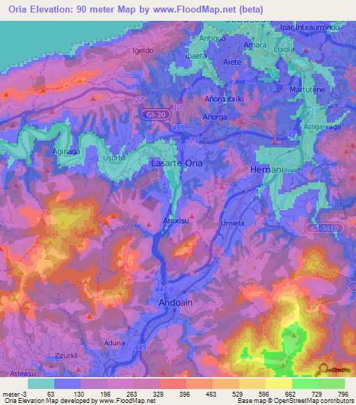 Oria,Spain Elevation Map