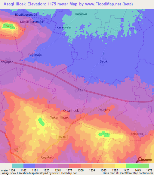 Asagi Ilicek,Turkey Elevation Map