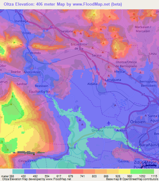 Oltza,Spain Elevation Map